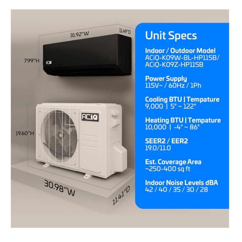 ACIQ-K09Z-HP115B ACIQ-K09W-BL-HP115B black dimension specs