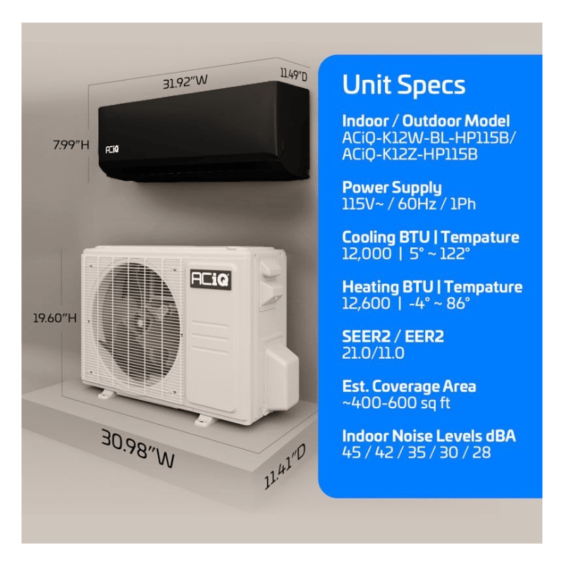 ACIQ-K12Z-HP115B / ACIQ-K12W-BL-HP115B black dimension specs