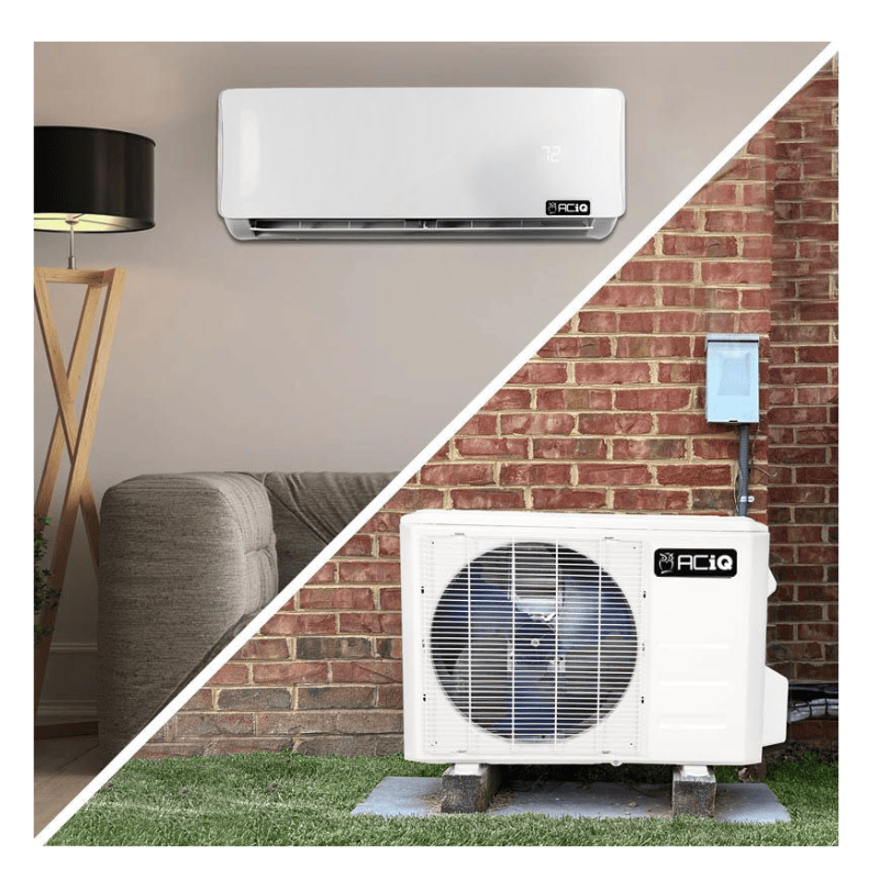ACiQ 9,000 BTU mini split system with wall mounted indoor unit and outdoor unit installed on brick wall for efficient home cooling