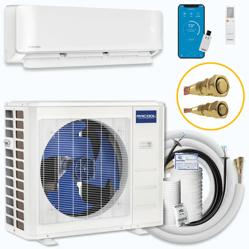 MRCOOL DIY 12000 BTU ductless heat pump complete system quick connect fittings mobile app control 23.5 SEER2