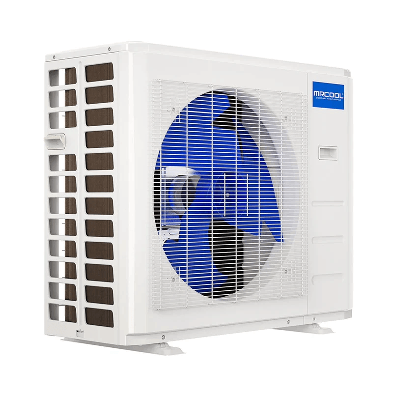 MRCOOL DIY 12K 5th Gen outdoor condenser side angle blue fan heat pump 115V