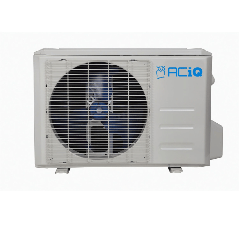 Outdoor unit of ACiQ 9,000 BTU 24.6 SEER2 single zone mini split system with blue fan