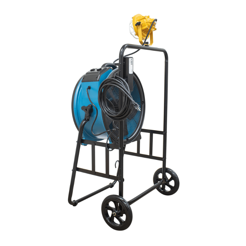 fa-420k6 blue warehouse dock trailer fan with mobile trolley back right angle view