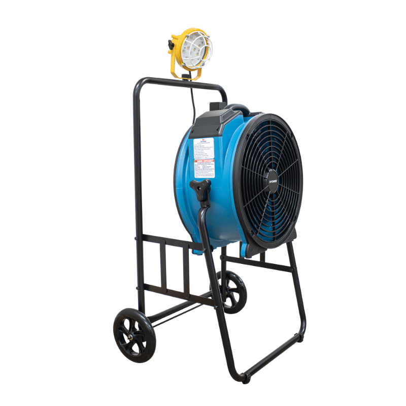fa-420k6 blue warehouse dock trailer fan with mobile trolley left angel view