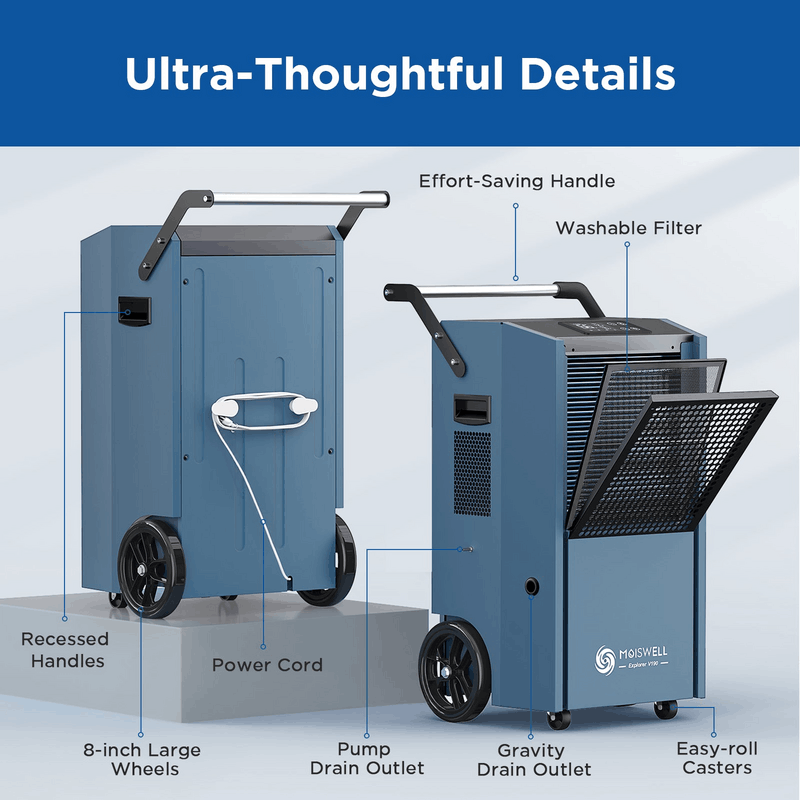 MOISWELL Explorer V190 Commercial Dehumidifier with washable filter, pump drain, gravity drain and recessed handles