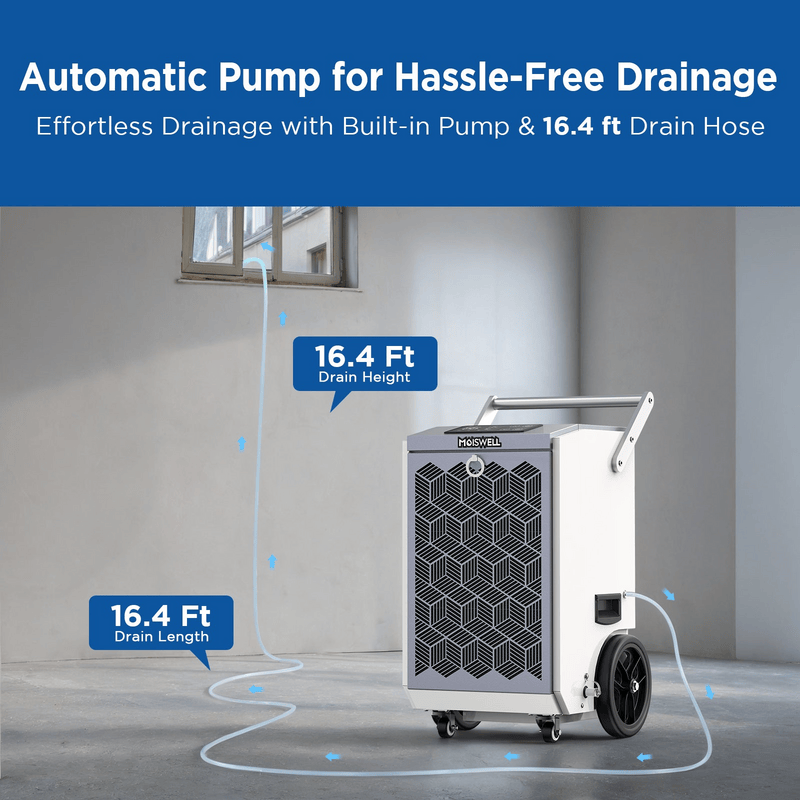 MOISWELL Pioneer XI 160 Pint Dehumidifier with built-in condensate pump and 16.4 foot drain hose