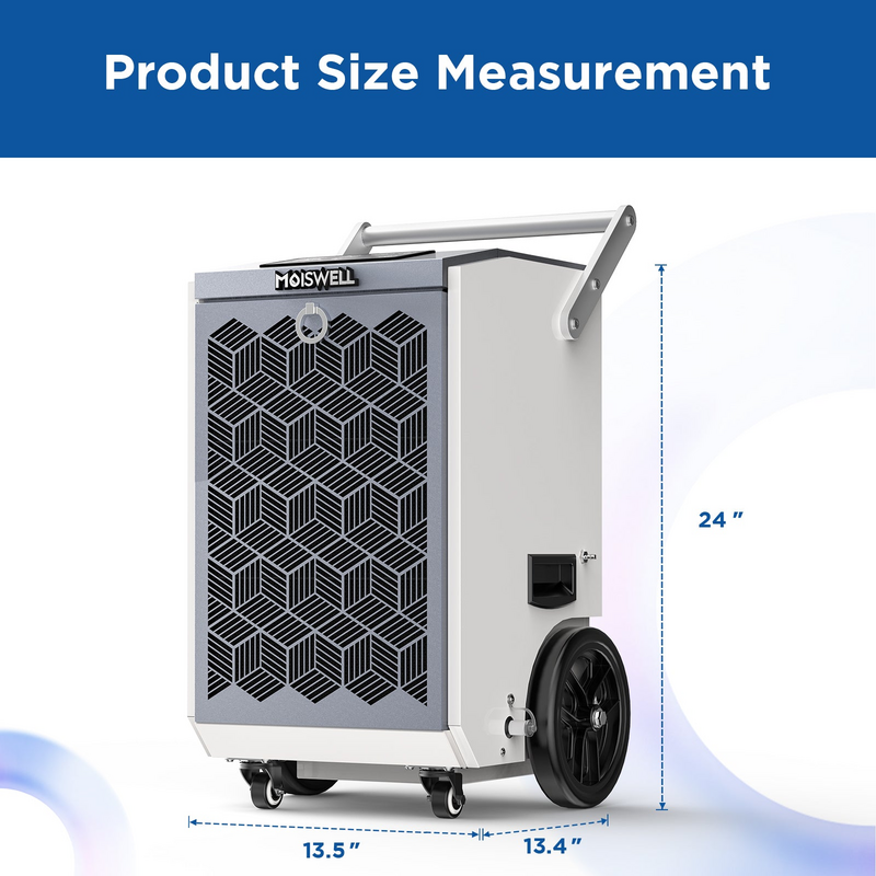 MOISWELL Pioneer XI Dehumidifier dimensions measuring 24 inches high by 13.5 inches wide and 13.4 inches deep