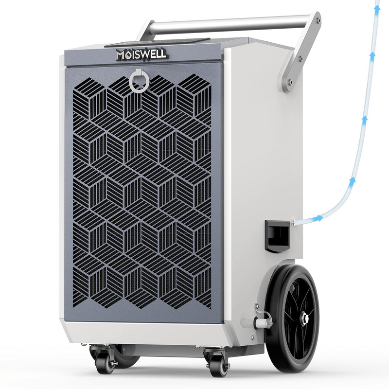 MOISWELL Pioneer XI 160 Pint Commercial Dehumidifier front view with drainage connection and transport wheels