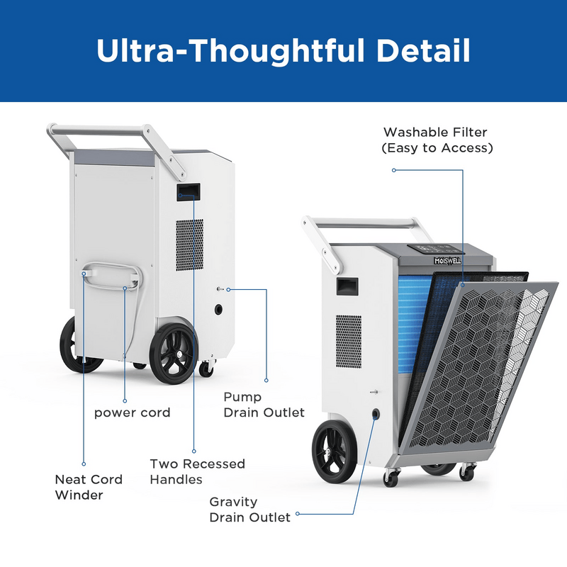 MOISWELL Pioneer XII Dehumidifier with washable filter and drains