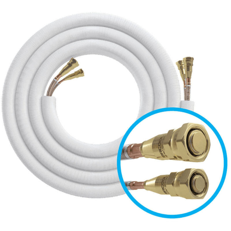 MRCOOL pre-charged No-Vac line set with white insulation and detailed callout showing brass quick connect fittings for R-454B refrigerant