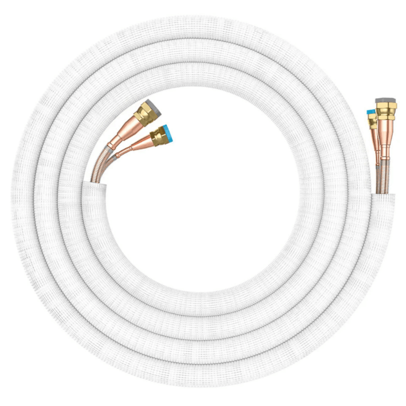 MRCOOL No-Vac line set showing bare copper refrigerant tubes with brass quick connect fittings for central ducted and VersaPro systems