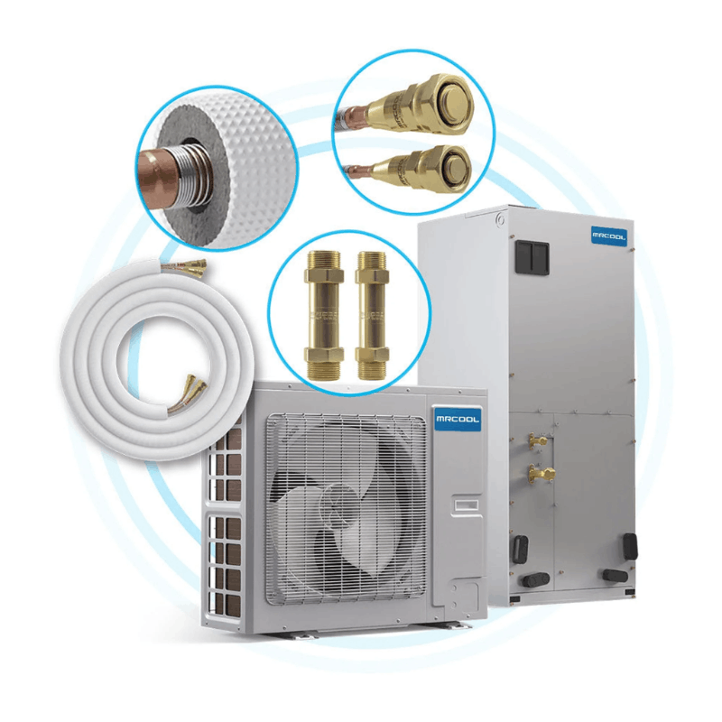 MRCOOL No-Vac line set installation diagram showing quick connect fittings, copper tubing, indoor and outdoor units with highlighted connection points
