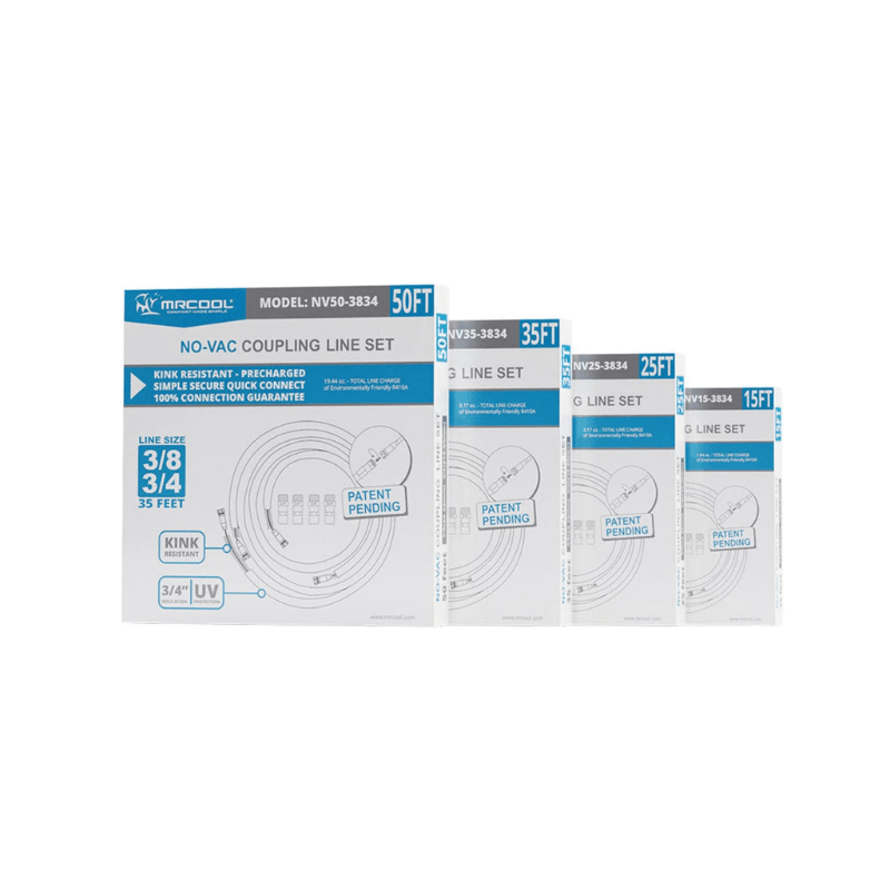 MRCOOL No-Vac coupling line set packaging showing available lengths: 50ft, 35ft, 25ft, and 15ft models NV50-3834, NV35-3834, NV25-3834, NV15-3834