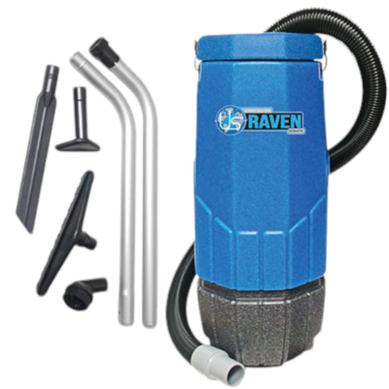 Sandia 20-1001 Super Raven 10-Quart Backpack Vacuum with 150 CFM airflow and multiple attachments.