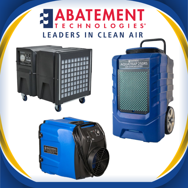 Abatement Technologies range of products include air scrubbers, negative air machines, dehumidifiers, pressure monitors, duct cleaning equipment, HEPA vacuums, and filters