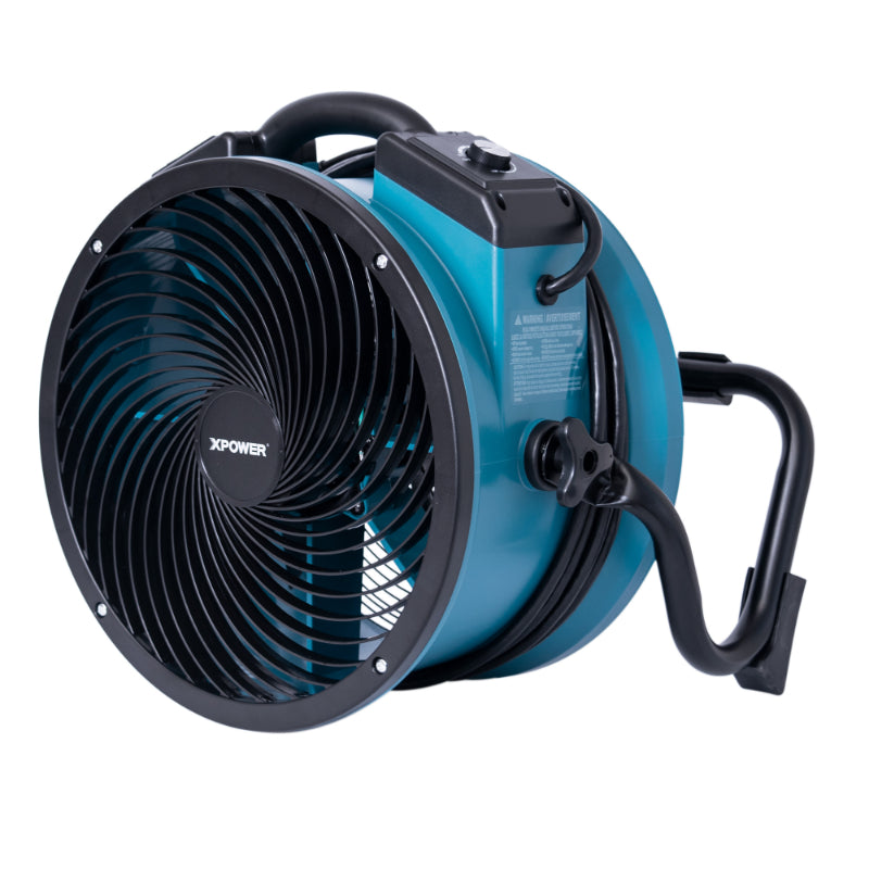 x-39ar blue axial air mover w power outlets main view rack back