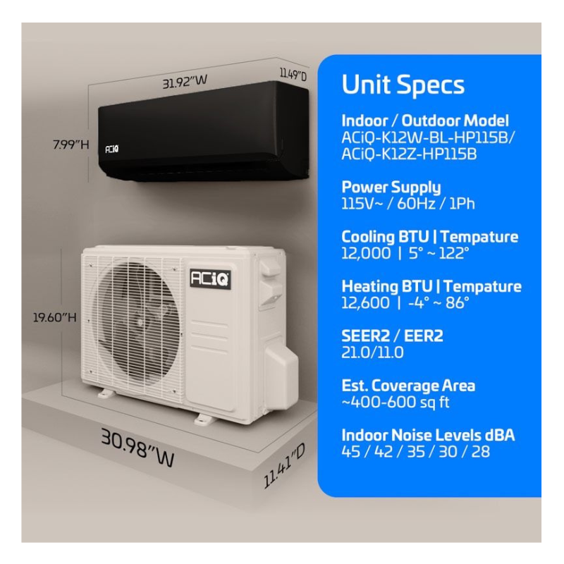 ACIQ-K12Z-HP115B / ACIQ-K12W-BL-HP115B black dimension specs