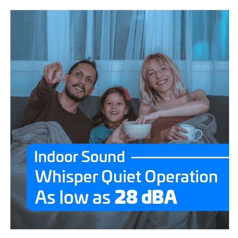 ACIQ-K12Z-HP115B / ACIQ-K12W-BL-HP115B black operating quietly in living room with family watching TV and 28 dBA noise rating