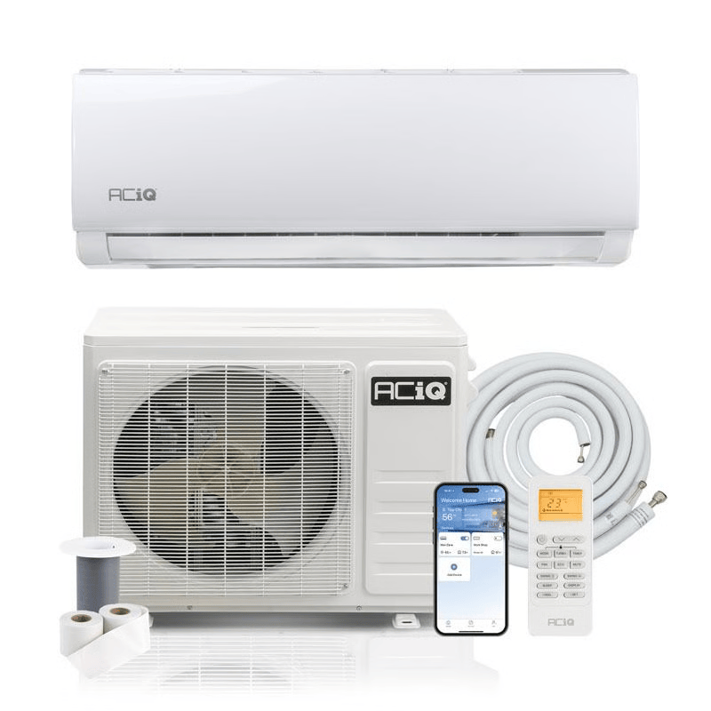 ACiQ 24000 BTU mini split system bundle including indoor unit, outdoor unit, remote, WiFi app, and line set