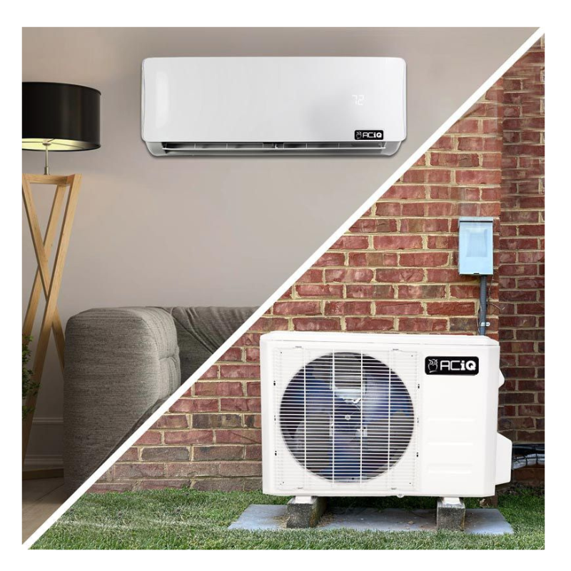 ACiQ 9,000 BTU mini split system with wall mounted indoor unit and outdoor unit installed on brick wall for efficient home cooling