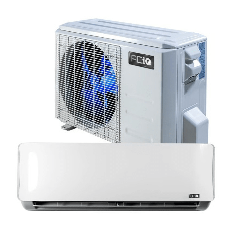 ACiQ 9,000 BTU single zone wall mounted mini split system with WiFi showing the indoor and outdoor units
