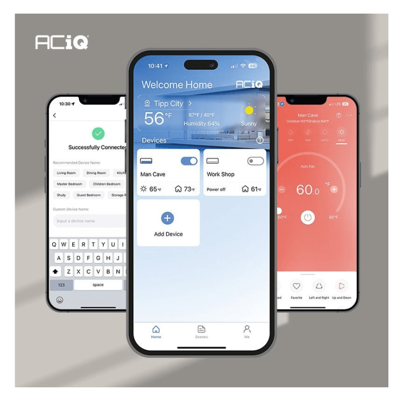 ACiQ WiFi mobile app interface for smart control of 12000 BTU 23.2 SEER2 mini split air conditioner