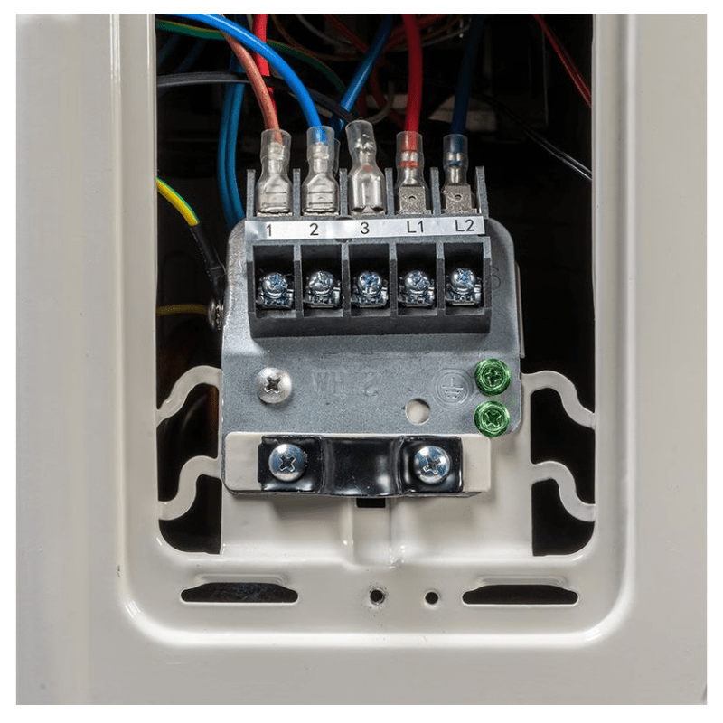 Electrical connection inside ACiQ 9,000 BTU mini split system showing wiring and terminals