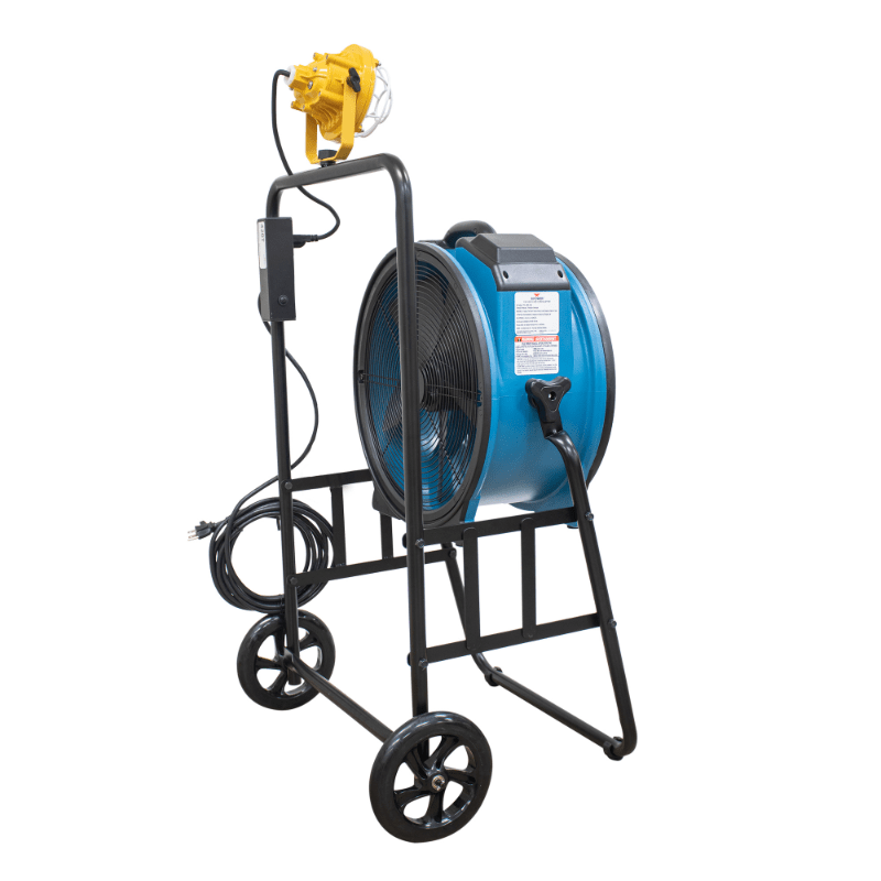 Fa-420k6 blue warehouse dock trailer fan with mobile trolley back left angle view