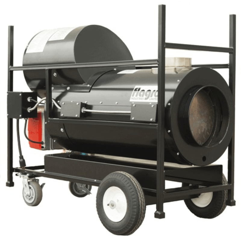 A Flagro FVNP-200RC indirect-fired dual fuel heater, shown from the side on a wheeled cart