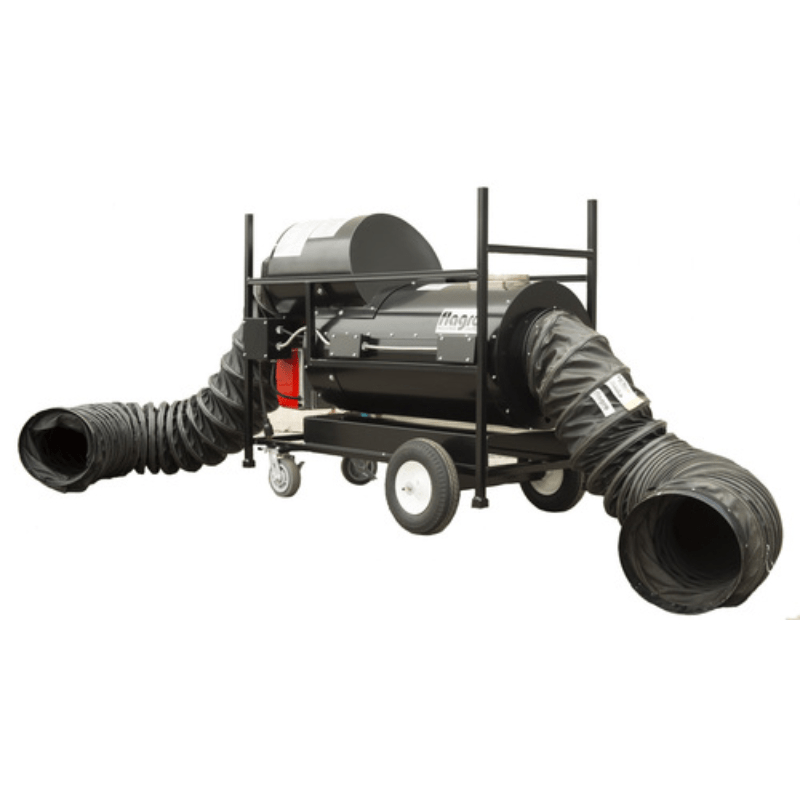 A Flagro FVNP-200RC indirect-fired dual fuel heater with two black ducts attached, on a wheeled cart
