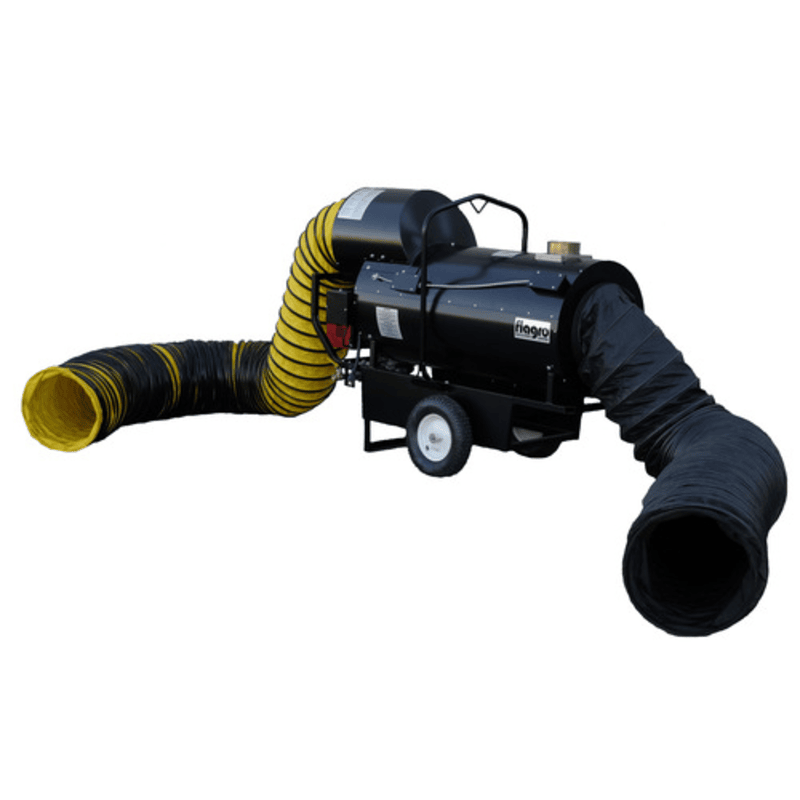 A Flagro FVNP-400RC indirect-fired dual fuel heater with two black ducts and one black and yellow duct attached