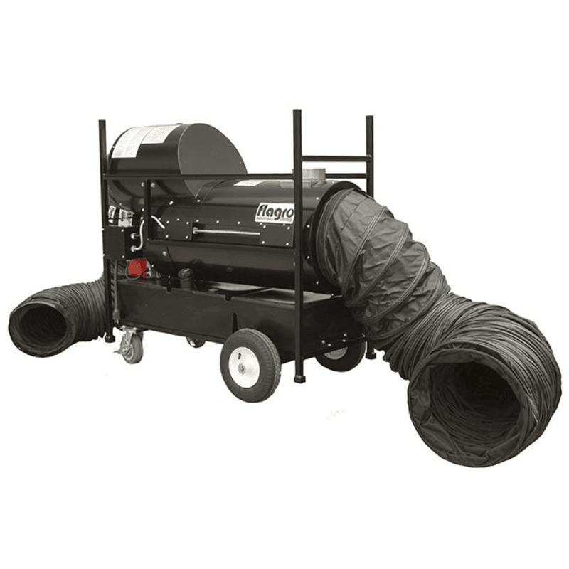 A Flagro FVO-200RC indirect-fired oil heater with a recirculating hood and two black ducts attached