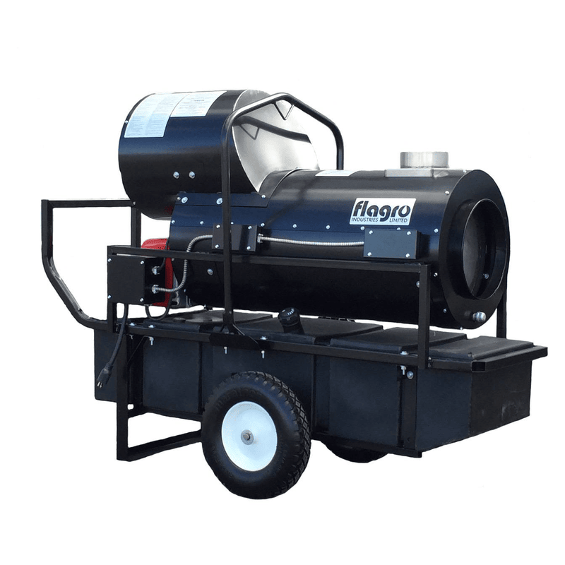 A Flagro FVO-200RC indirect-fired oil heater with a recirculating hood, shown from the side on a wheeled cart.