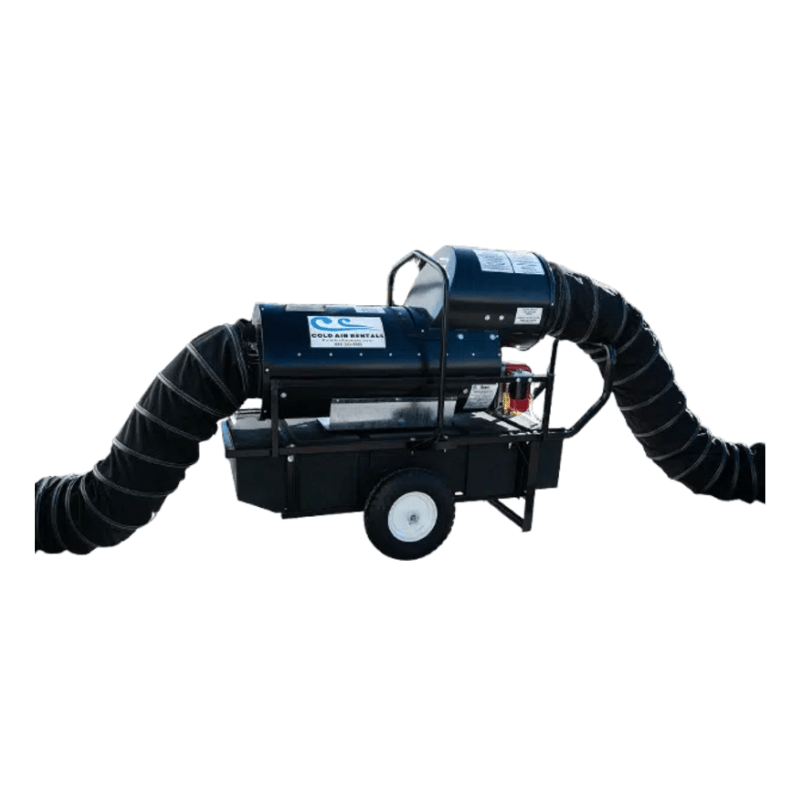 A Flagro FVO-200RC42 indirect-fired oil heater with a recirculating hood and two black ducts attached