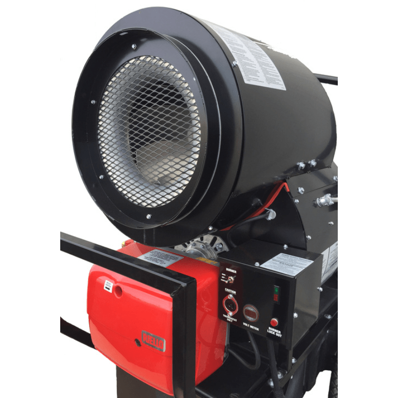 A close-up view of the front of the Flagro FVO-400RC indirect-fired oil heater showing the fan and the red burner