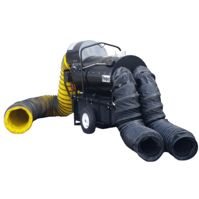 A Flagro FVO-400RC indirect-fired oil heater with two black ducts attached, and one yellow and black duct, on a wheeled cart