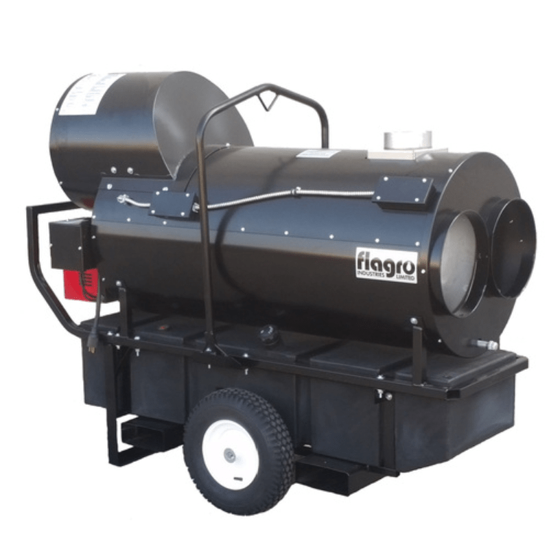 A Flagro FVO-400RC indirect-fired oil heater with a recirculating hood, shown from the side on a wheeled cart, featuring two output ports