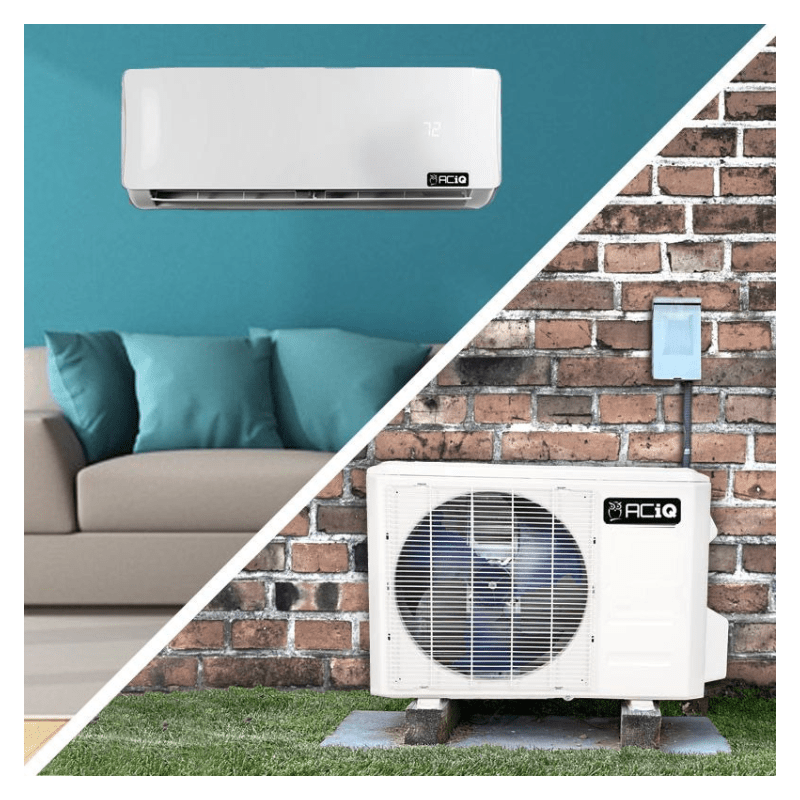 Installed ACiQ mini split system wall mount indoor unit inside room and outdoor unit mounted on brick wall