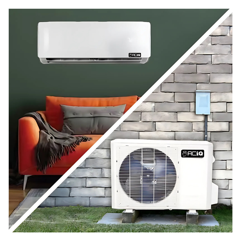 Installed view of ACiQ 18000 BTU 24 SEER2 mini split system with wall mounted indoor unit and outdoor unit
