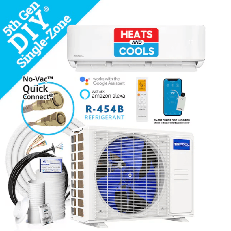 MRCOOL DIY 5th Gen 12K complete mini split system quick connect lineset smart control R454B refrigerant