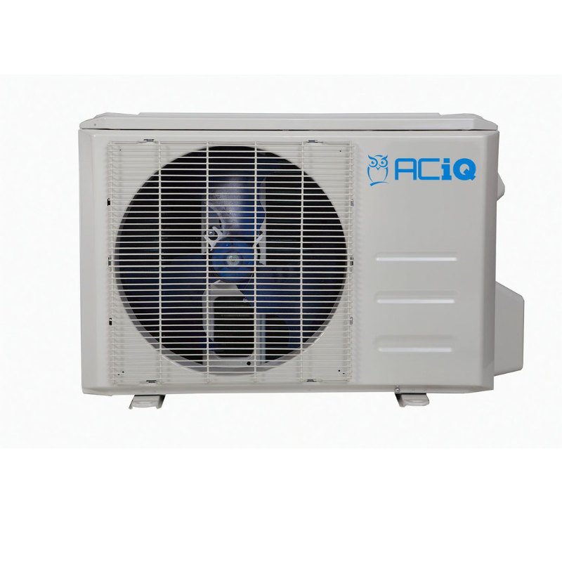 Outdoor unit of ACiQ 9,000 BTU 24.6 SEER2 single zone mini split system with blue fan