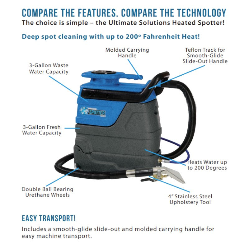 Parts and Features of Sandia 50-4000 3-Gallon Heated Spot Extractor Kit with - 55 PSI Pump and 4” Stainless Steel Upholstery Tool