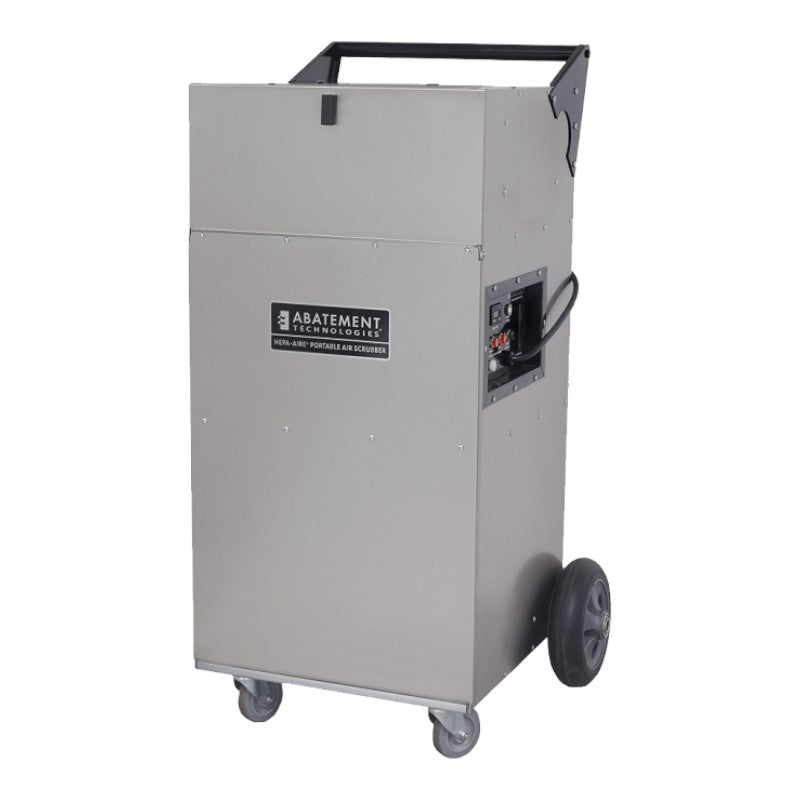 Stainless steel HEPA-AIRE PAS1200UV Portable Air Scrubber by Abatement Technologies designed for tight spaces with front swivel casters