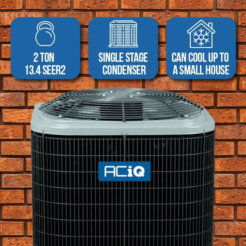 Front view of the ACiQ 2 Ton 13.4 SEER2 Air Conditioner Condenser with R454B refrigerant