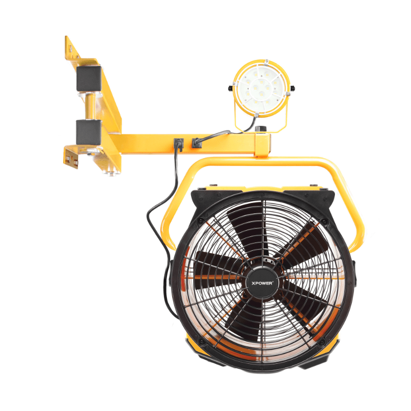 fa-420k2 warehouse dock trailer fan with wall mount arm folded view