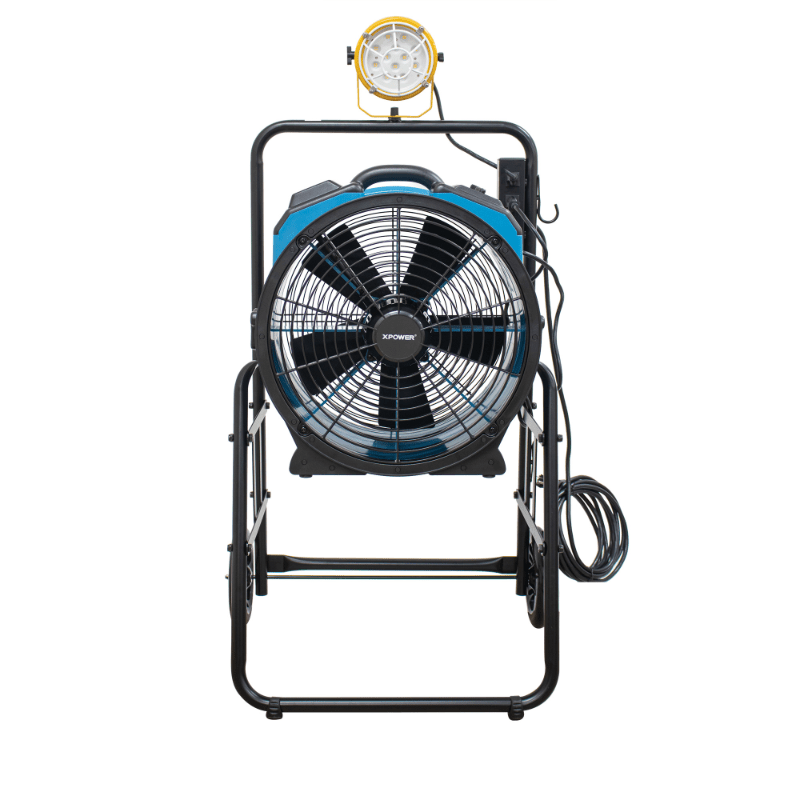 fa-420k6 blue warehouse dock trailer fan with mobile trolley front view 