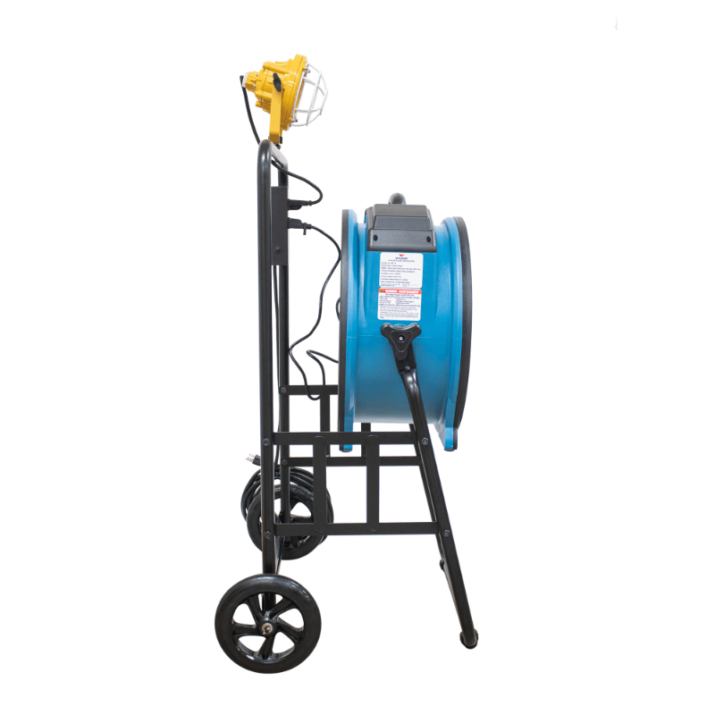 fa-420k6 blue warehouse dock trailer fan with mobile trolley left side view