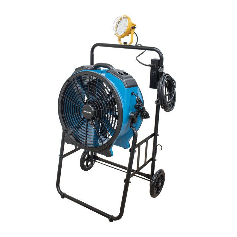 fa-420k6 blue warehouse dock trailer fan with mobile trolley right angle view 