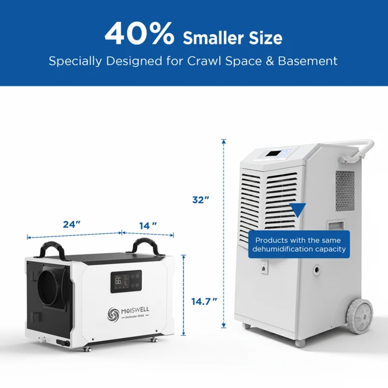 MOISWELL Defender M145 Commercial Dehumidifier compact 24 by 14 by 14.7 inch crawl space design