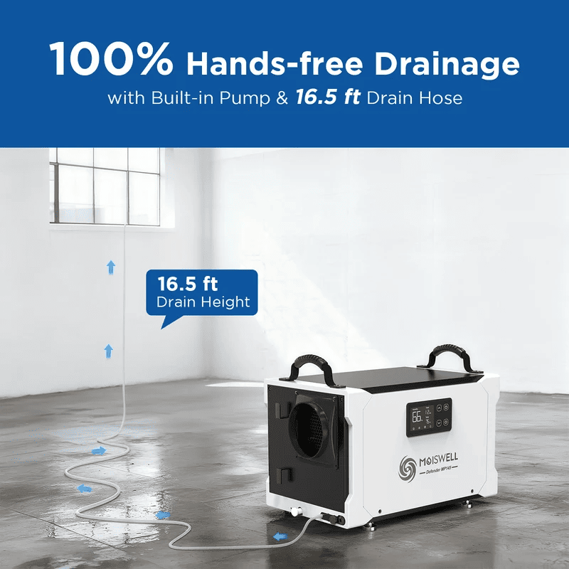 MOISWELL Defender MP145 Dehumidifier with 16.5 ft pump drain